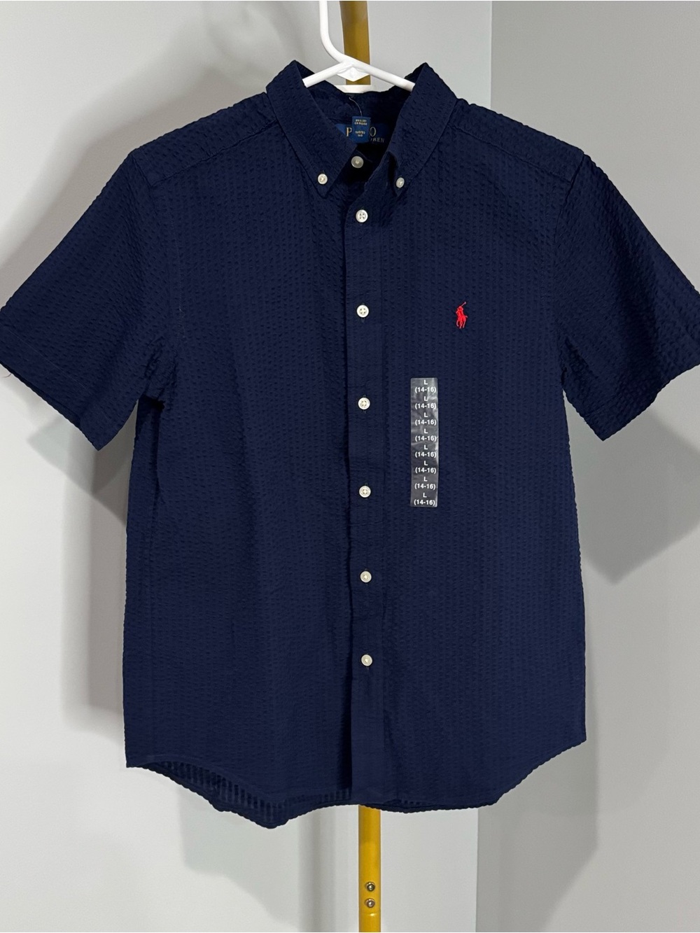 Polo Ralph Lauren Boys L Navy Blue Seersucker Short Sleeve Button Down Shirt NWT